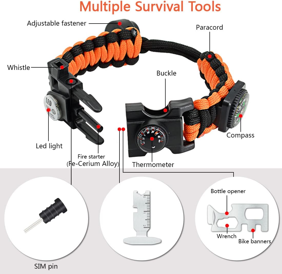 20 in 1 Survival Paracord Bracelet Adjustable Gear Kit with SOS LED Light, Fire Starter, Bigger Compass, Survival Whistle, Perfect for Camping, Hiking, Fishing