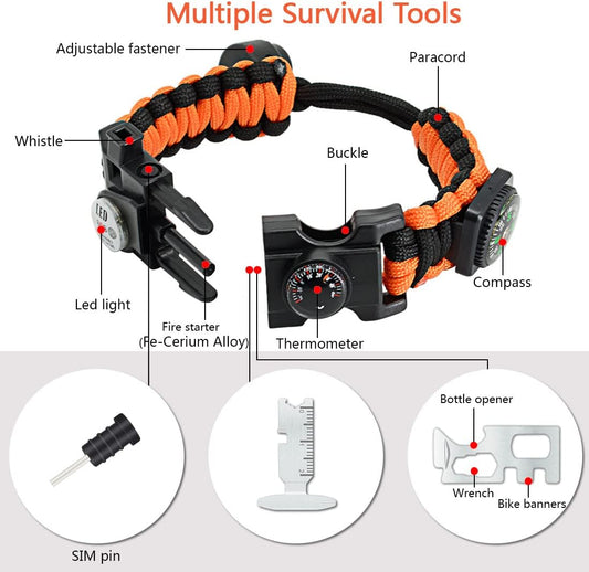20 in 1 Survival Paracord Bracelet Adjustable Gear Kit with SOS LED Light, Fire Starter, Bigger Compass, Survival Whistle, Perfect for Camping, Hiking, Fishing