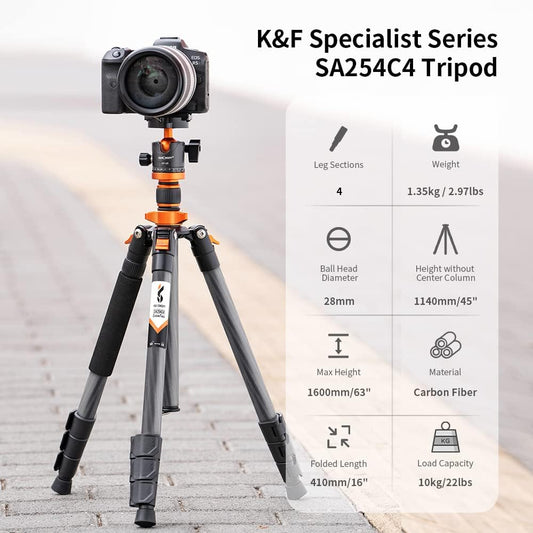 K&F Concept 63" Carbon Fiber Camera Tripods,D254C1+BH-28L Compact Tripod with Detachable Monopod, Metal Ball Head 22lbsLoad Capacity with Quick Release Plate for SLR DSLR Digital Camera/Camcorder