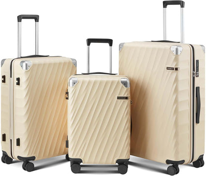 Luggage sets 3 piece with Spinner Wheels, PC Hard Shell Travel Luggage, Carry On suitcase with TSA Lock,YKK Zippers,Charcoal Metallic (Beige, 3 Piece Sets(20/24/28))