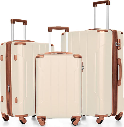 Merax Suitcases With Wheels Hardside Luggage Sets 3 Piece, Expandable And Lightweight, Travel Suitcases For Woman And Man (White Brown)