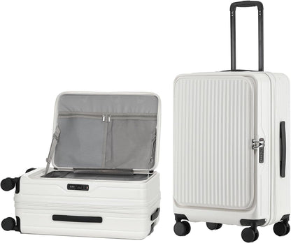 24 Inch Top Opening Checked Travel Luggage Expandable with Spinner Wheels,All PC Hard Shell Hardside Lightweight Medium Suitcase with TSA Approved Cup Holder for Business Trips Woman Men,White