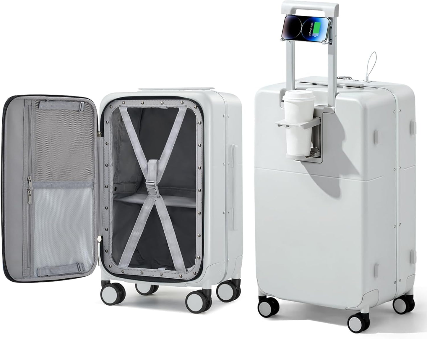 Hanke 24 Inch Luggage with Cup Holder and Charge,Top Opening Hard Shell Suitcases with Wheels and Dividers,Aluminum Frame Trunk Luggage Medium Checked Suitcase with Lock for Travel,Smoke White