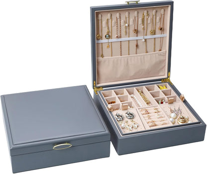 2-layer jewelry box，Jewelry Organizer with Handle，with hanging necklace hooks, detachable jewelry trays, suitable for storing a large amount of jewelry gift box (Large-Grey)
