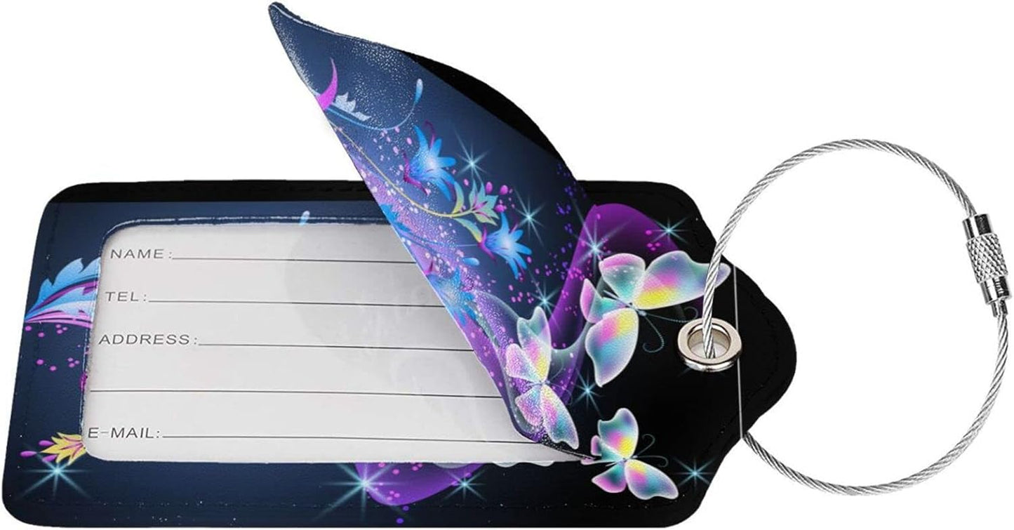 2Pcs Glowing Flowers and Butterfly Luggage Tags, Colorful Fancy Name ID Identifier Labels for Suitcase Baggage Travel Bag, Shine Aesthetic Leather Bag Tags with Full Privacy Cover