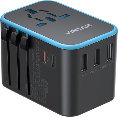 Universal Travel Adapter, VINTAR 35.5W International Power Adapter with 3 USB A QC and 2 USB C PD, All in One Plug Adapter Worldwide Travel Essentials for EU/UK/USA/AUS(Type C/G/A/I), Blue