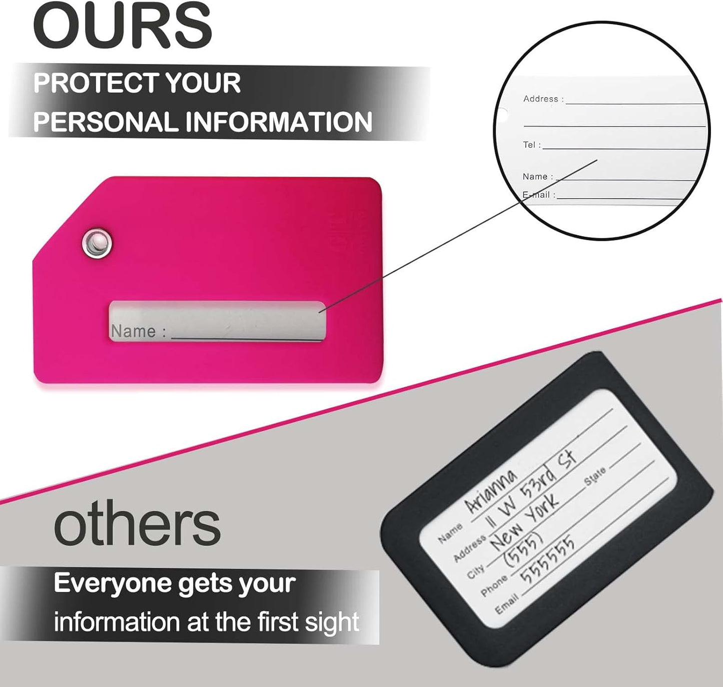 8pack Luggage Tags for Suitcases with Name ID Card,Quickly Identify Travel Tags for Luggage, Backpacks, Bags, Baggage, Cruise Suitcases - Flexible & Bright Silicone (Neo Pink