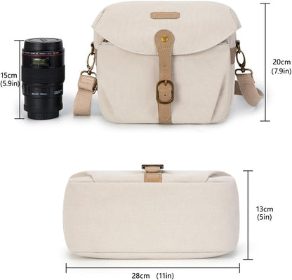 BAGSMART Camera Bag, SLR DSLR Canvas Crossbody Camera Case, Compact Camera Shoulder Bag with Rain Cover for Women and Men, Ivory White