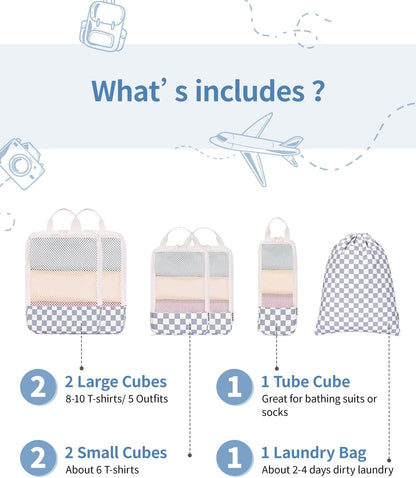 Narwey 6 Set Compression Packing Cubes for Travel Kids Women Carry on, Packing Organizers Bag for Backpack Luggage Suitcase Duffle Bags