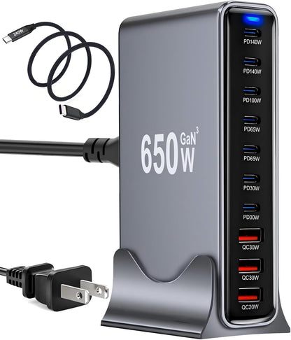 650W USB C Fast Charger Block, 10 Port USB Charging Station, GaN Ⅲ Pro Double 140W PD PPS Port Fast Charging Station,Laptop Wall Charger Compatible with DELL, HP, MacBook Pro,iPhone 17,Galaxy S24