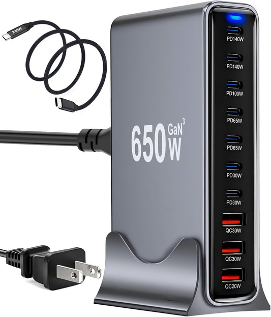 650W USB C Fast Charger Block, 10 Port USB Charging Station, GaN Ⅲ Pro Double 140W PD PPS Port Fast Charging Station,Laptop Wall Charger Compatible with DELL, HP, MacBook Pro,iPhone 17,Galaxy S24