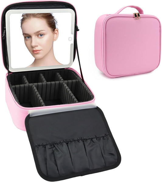 Travel Makeup Bag with LED Mirror Travel Makeup Organizer with 3 Lighted Settings, Adjustable Dividers and Makeup Brush Storage Bag Dark Pink
