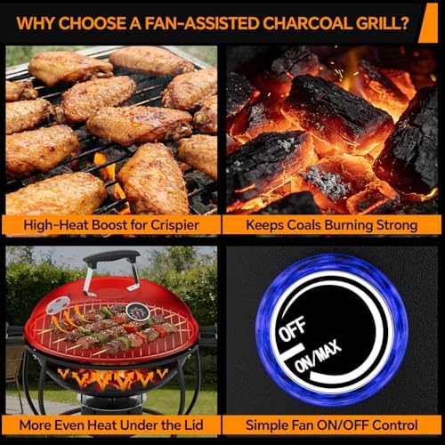 Portable Charcoal Grill with Fan-Assisted Airflow, 17-Inch Small Kettle BBQ Grill, Built-In Thermometer, Lift-Out Charcoal Tray for Camping, Tailgating, Patio, Backyard