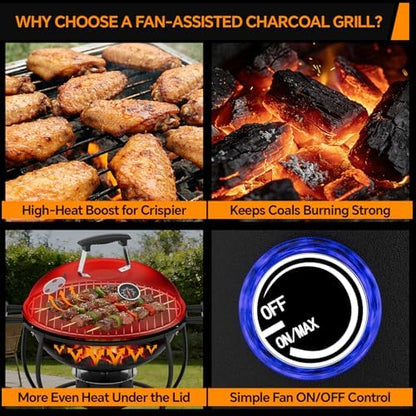 Portable Charcoal Grill with Fan-Assisted Airflow, 17-Inch Small Kettle BBQ Grill, Built-In Thermometer, Lift-Out Charcoal Tray for Camping, Tailgating, Patio, Backyard