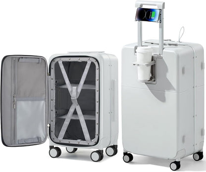 Hanke 28 Inch Luggage with Cup Holder and Charge,Top Opening Hard Shell Suitcases with Wheels and Dividers,Aluminum Frame Trunk Luggage Extra Large Suitcase with Lock for Travel,Smoke White