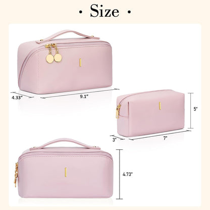 Birthday Gifts for Women Teen Girl, Personalized Initial Makeup Organizer Bag Set, Open Flat Travel Cosmetic Bag With Clear Divider and Handle(Pink,I)
