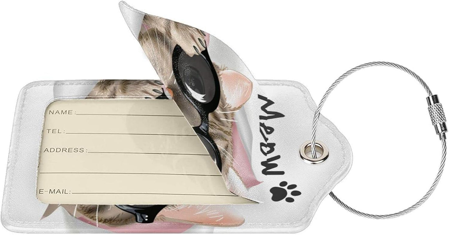 2 Pack Cute Cat Luggage Tags for Kids Girls Women Travel Funny Animal with Sunglasses Print on PU Leather Bag Tags Accessories Privacy Cover ID Label with Stainless Steel Loop for Backpack Suitcase