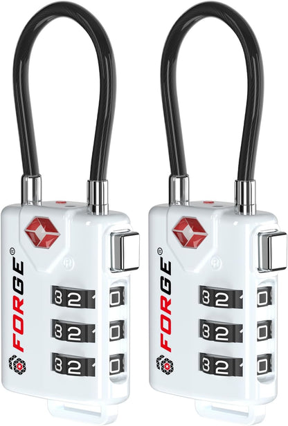 Forge TSA Approved Cable Luggage Locks, Re-settable Combination with Alloy Body(White 2 Locks)