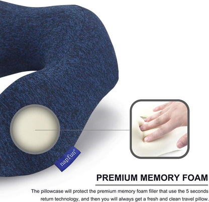napfun Neck Pillow for Traveling, Upgraded Travel Neck Pillow for Airplane 100% Pure Memory Foam Travel Pillow for Flight Headrest Sleep, Portable Plane Accessories, Full Dark Blue, Medium (120-200LB)