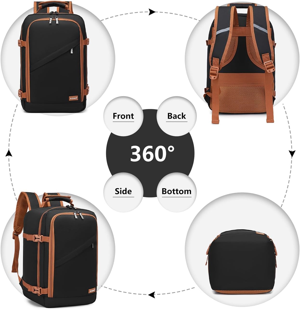 Kono Carry on Backpack, 16" Airplane Approved Under Seat Travel Backpack for Men and Women, Waterproof Lightweight Daypack for Flight 20L, Black/Brown