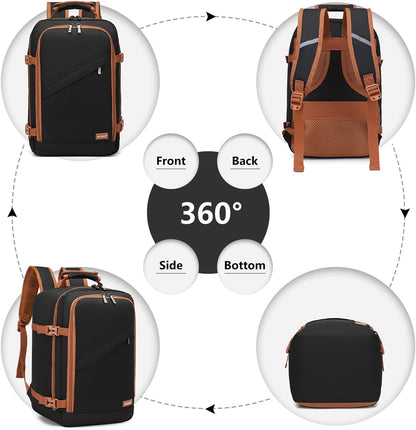 Kono Carry on Backpack, 16" Airplane Approved Under Seat Travel Backpack for Men and Women, Waterproof Lightweight Daypack for Flight 20L, Black/Brown