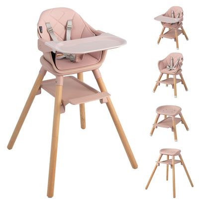 HONEY JOY Baby High Chair, 6 In 1 Convertible Wooden Highchair for Babies and Toddlers/Toddler Chair/Bar Stool, Removable Double Tray & Reversible Footrest, Safety Harness for Infant Boys Girls (Pink)