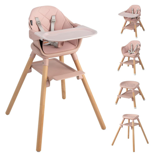 HONEY JOY Baby High Chair, 6 In 1 Convertible Wooden Highchair for Babies and Toddlers/Toddler Chair/Bar Stool, Removable Double Tray & Reversible Footrest, Safety Harness for Infant Boys Girls (Pink)