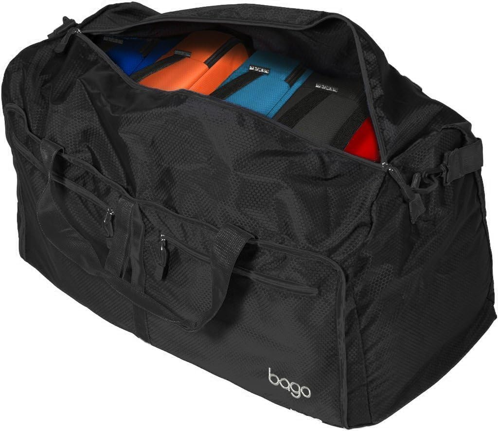 Bago Large Foldable Duffel Bags for Traveling Women & Men - 80L Packable Duffle Bag for Travel with Shoe Compartment - Water Repellant, Heavy Duty, Lightweight Folding & Collapsible (All Black)