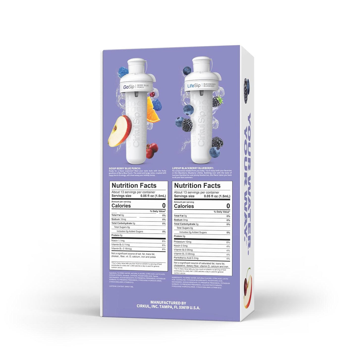 Cirkul 32oz. Matte Periwinkle Stainless Steel Water Bottle Starter Kit with Periwinkle Lid, 2 Flavor Cartridges (1 LifeSip Blackberry Blueberry, 1 GoSip Berry Blue Punch) No Sugar, Zero Calorie Drink Mix
