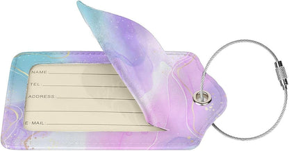 Pink Luggage Tags 2 Pack for Girls Women, Watercolor Light Purple and Cyan Blue Background Leather Suitcase Tags Identifiers, Cute ID and Name Labels with Privacy Covers for Backpack Travel Bag