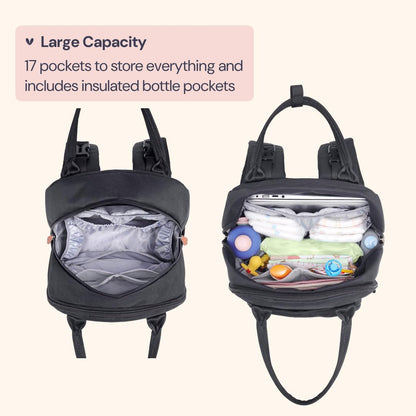 BabbleRoo Diaper Bag Backpack - Baby Essentials Travel Tote - Multi Function Water Resistant Diaper Bag, Travel Essentials Baby Bag with Changing Pad, Stroller Straps & Pacifier Case - Unisex, Black