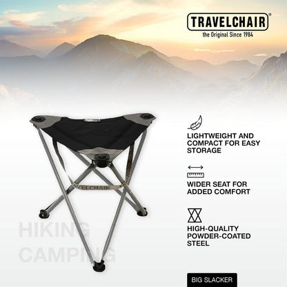 Travel Chair Big Slacker Stool, Portable Tripod Chair for Outdoor Adventures, Quick Folding Fishing Camping Travel Stool, Black & Gray