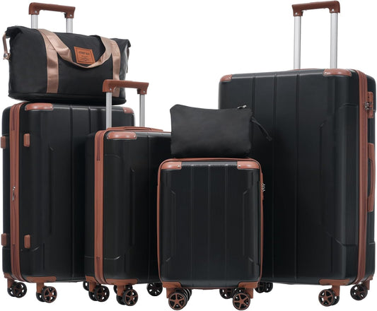 Merax Luggage Set 6 Piece Expandable Lightweight ABS Hardshell Suitcases with Wheels, Corner Guards (Black Brown, 6 piece set)