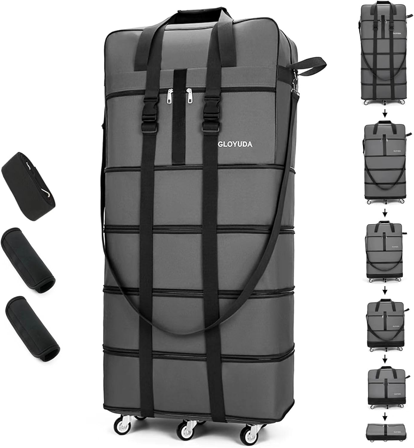 Expandable Foldable Luggage, 42'' Suitcase With Spinner Wheels, Rolling Duffle Bag with Wheels and Handle, Collapsible Luggage, With 2 Handle Wrap and 2 Fixing Straps, 1 Shoulder Strap (Grey)