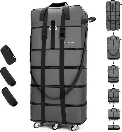 Expandable Foldable Luggage, 42'' Suitcase With Spinner Wheels, Rolling Duffle Bag with Wheels and Handle, Collapsible Luggage, With 2 Handle Wrap and 2 Fixing Straps, 1 Shoulder Strap (Grey)