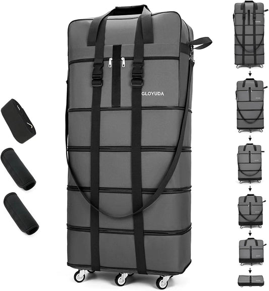 Expandable Foldable Luggage, 42'' Suitcase With Spinner Wheels, Rolling Duffle Bag with Wheels and Handle, Collapsible Luggage, With 2 Handle Wrap and 2 Fixing Straps, 1 Shoulder Strap (Grey)