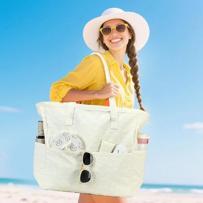 LEDAOU Large Beach Tote Bag Women Waterproof Sandproof Zipper Beach Tote Bag for Pool Gym Grocery Travel with Wet Pocket