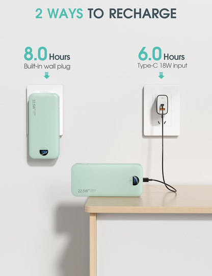 Portable Power Bank, 20000mAh 22.5W USB C Fast Charging Power Bank with Built-in Cables & Wall Plug, External Battery Pack with LED Display, Ultimate Travel Essential for iPhone, iPad, Samsung Green