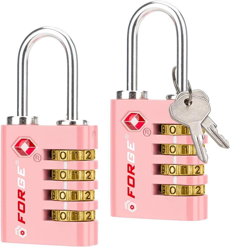 Forge Dual-Opening: Key or Combination Access Lock, TSA Approved Locks for Luggage, Pelican case, Travel, Gym, School, Stainless Steel Shackle. (Pink, 2 Pk)