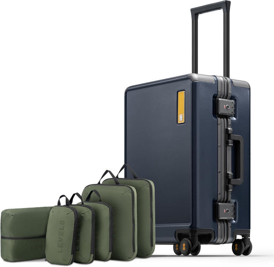 LEVEL8 Carry On Luggage Airline Approved Zipperless with Aluminum Frame, Hard Case Luggage with Spinner Wheels, Metal Travel Suitcase with Packing Organizers, 20 Inch, Blue