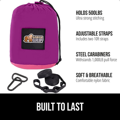 GORILLA GRIP Durable Portable Camping Hammock, Holds 500lbs with Heavy Duty Tree Straps, Comfortable Travel Swing, Camp Hammocks, Easy to Use and Install, Outdoor Essentials, Purple, 10x6.5 FT