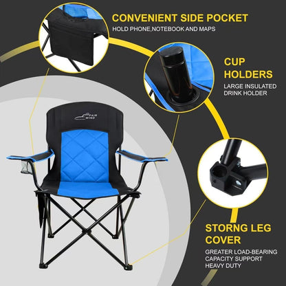 FAIR WIND Oversized Fully Padded Camping Chair, Heavy Duty Quad Fold Arm Chair Support 350 LBS with Cup Holder, Collapsible Lumbar Back Chair Portable for Outdoor, Blue