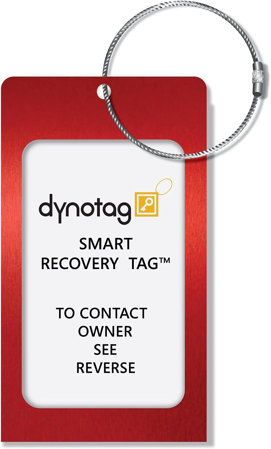 Dynotag® Web Enabled Smart Aluminum Convertible Luggage ID Tag + Braided Steel Loop, with DynoIQ™ & Lifetime Recovery Service (Ruby Red)