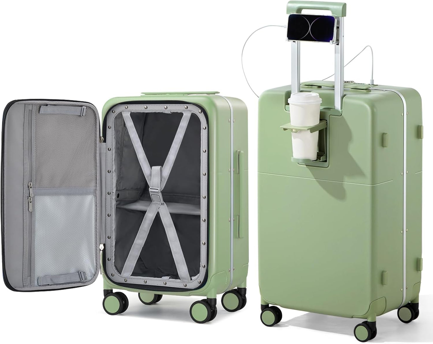 Hanke 24 Inch Luggage with Cup Holder and Charge,Top Opening Hard Shell Suitcases with Wheels and Dividers,Aluminum Frame Trunk Luggage Medium Checked Suitcase with Lock for Travel，Bamboo Green