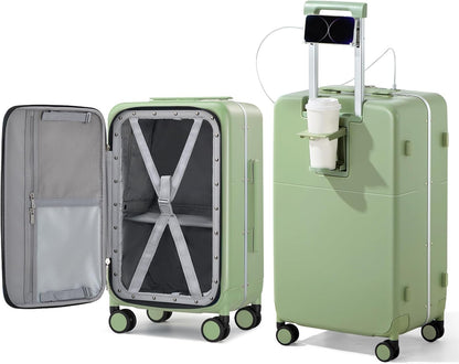 Hanke 24 Inch Luggage with Cup Holder and Charge,Top Opening Hard Shell Suitcases with Wheels and Dividers,Aluminum Frame Trunk Luggage Medium Checked Suitcase with Lock for Travel，Bamboo Green