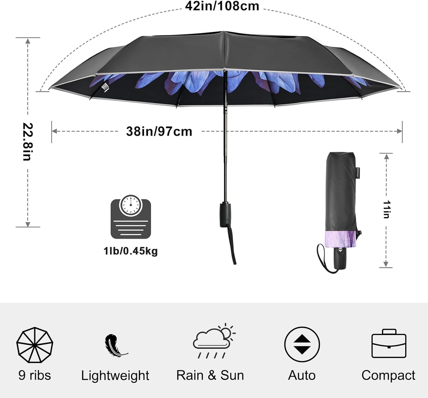 G4Free 42 Inch Eco Windproof Folding Umbrella for Rain & Sun 9 Ribs Wind Resistant Strong Fiberglass Double Canopy with Reflective Strip for Women Men Auto Open Close For Car & Backpack