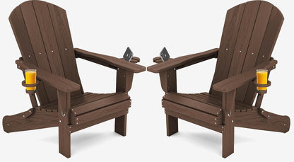 SERWALL Adirondack Chair with Cup Holders - Composite Adirondack Chairs Set of 2 HDPE Outdoor Chairs All Weather Use- Coffee