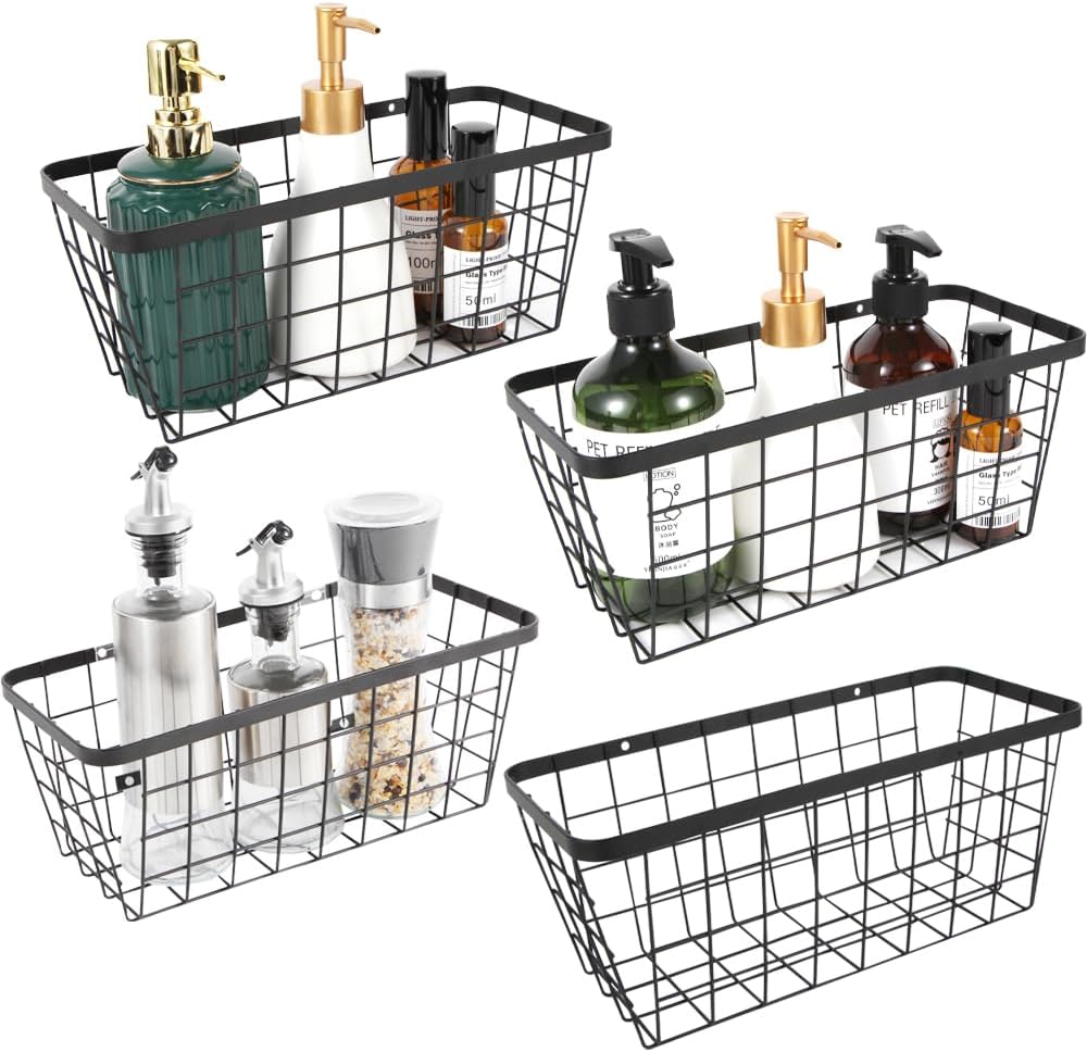 4 set Hanging Wall Basket Organizer,Over the Cabinet Door Wire Baskets for Organizing -Space-Saving Hanging Baskets for Organizing,Wall Mount Storage,No Drilling Adhesive Wall Storage Basket, Black