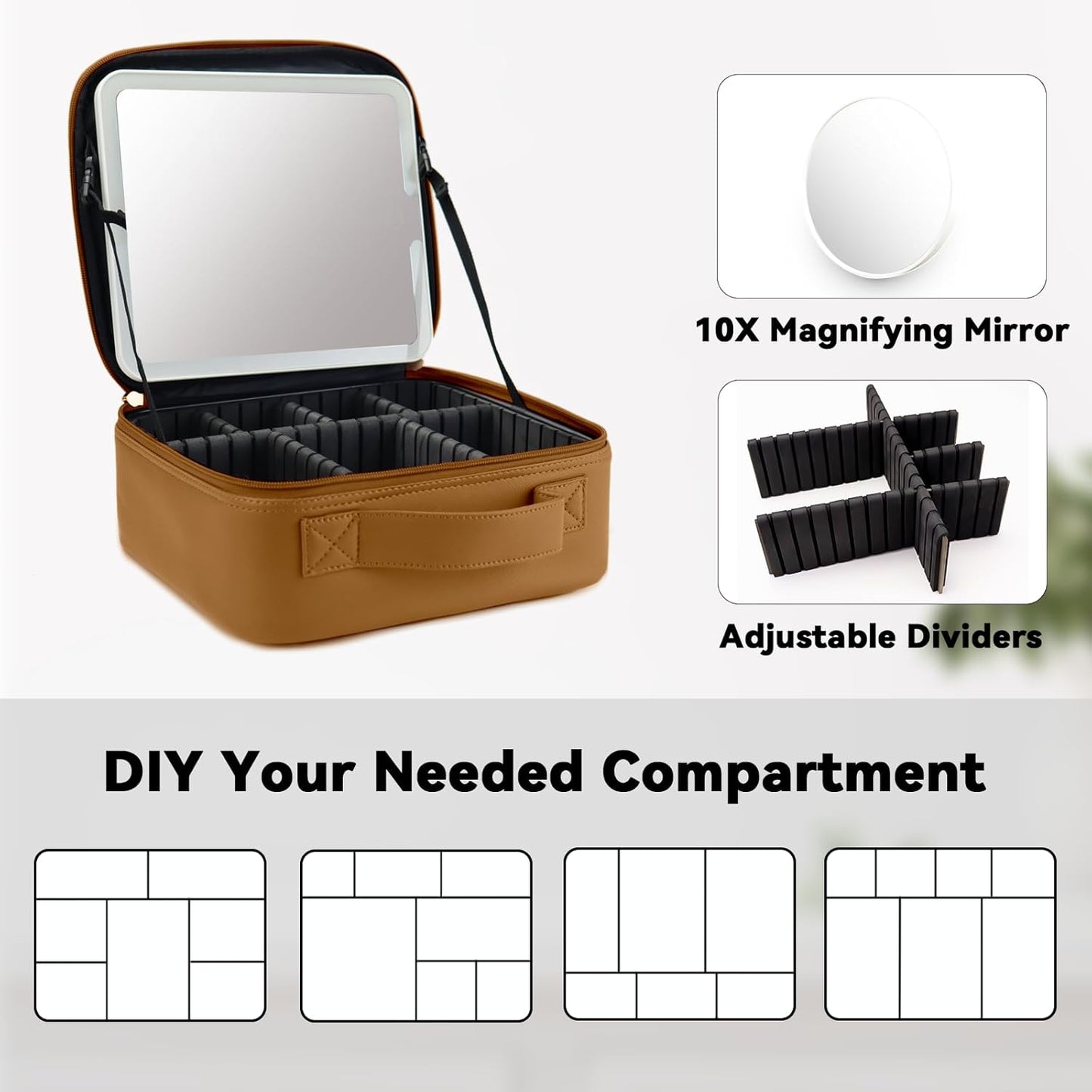 Travel Makeup Bag with LED Mirror and 10x magnifying glass with 3 Lighted Settings, Adjustable Dividers and Makeup Brush Storage Bag Brown