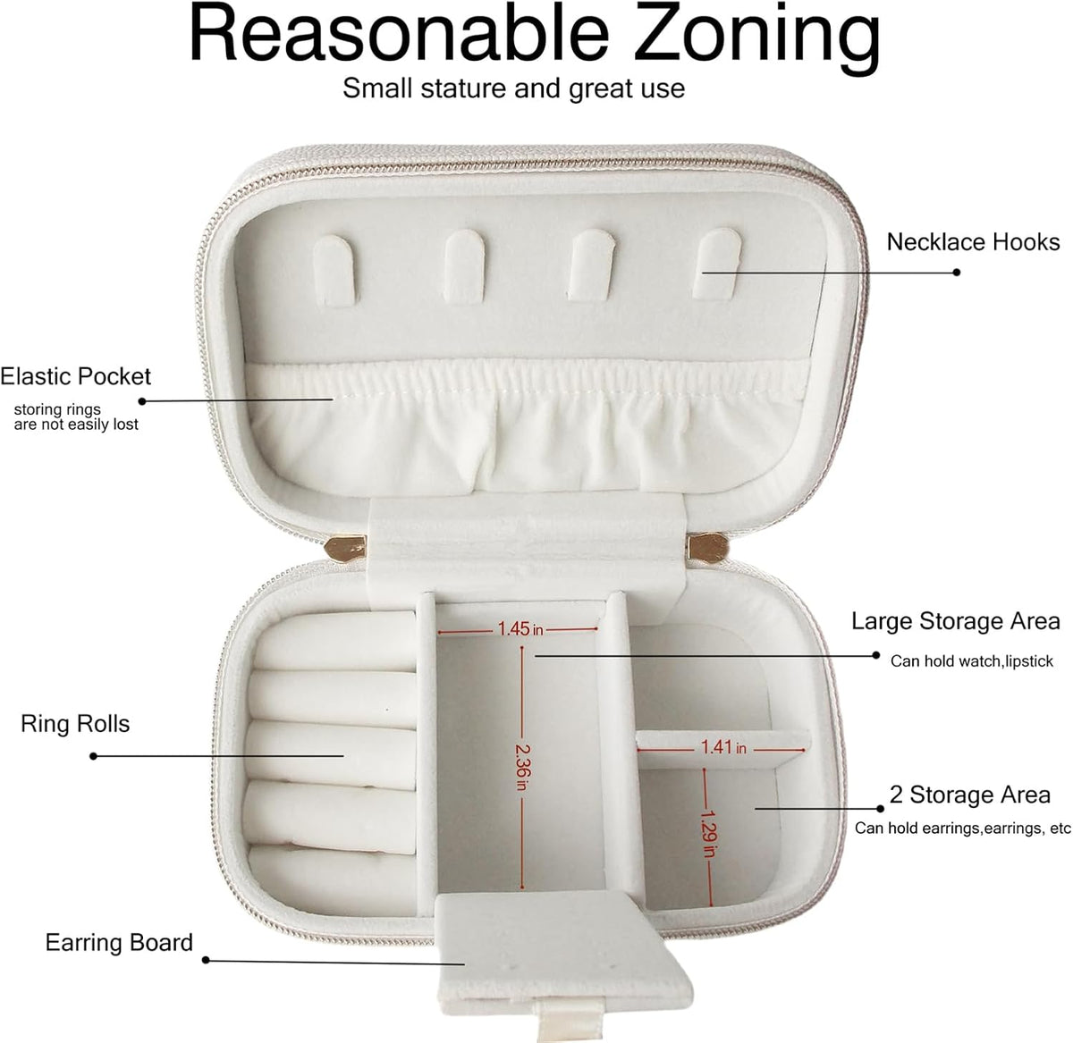Small Jewelry Travel Case For Womens Small Rectangle PU Leather Jewelry Box With Zipper 2.56" H Portable Travel Jewelry Case For Big Earring Rings Necklaces Bracelets White Jewelry Gifts Box
